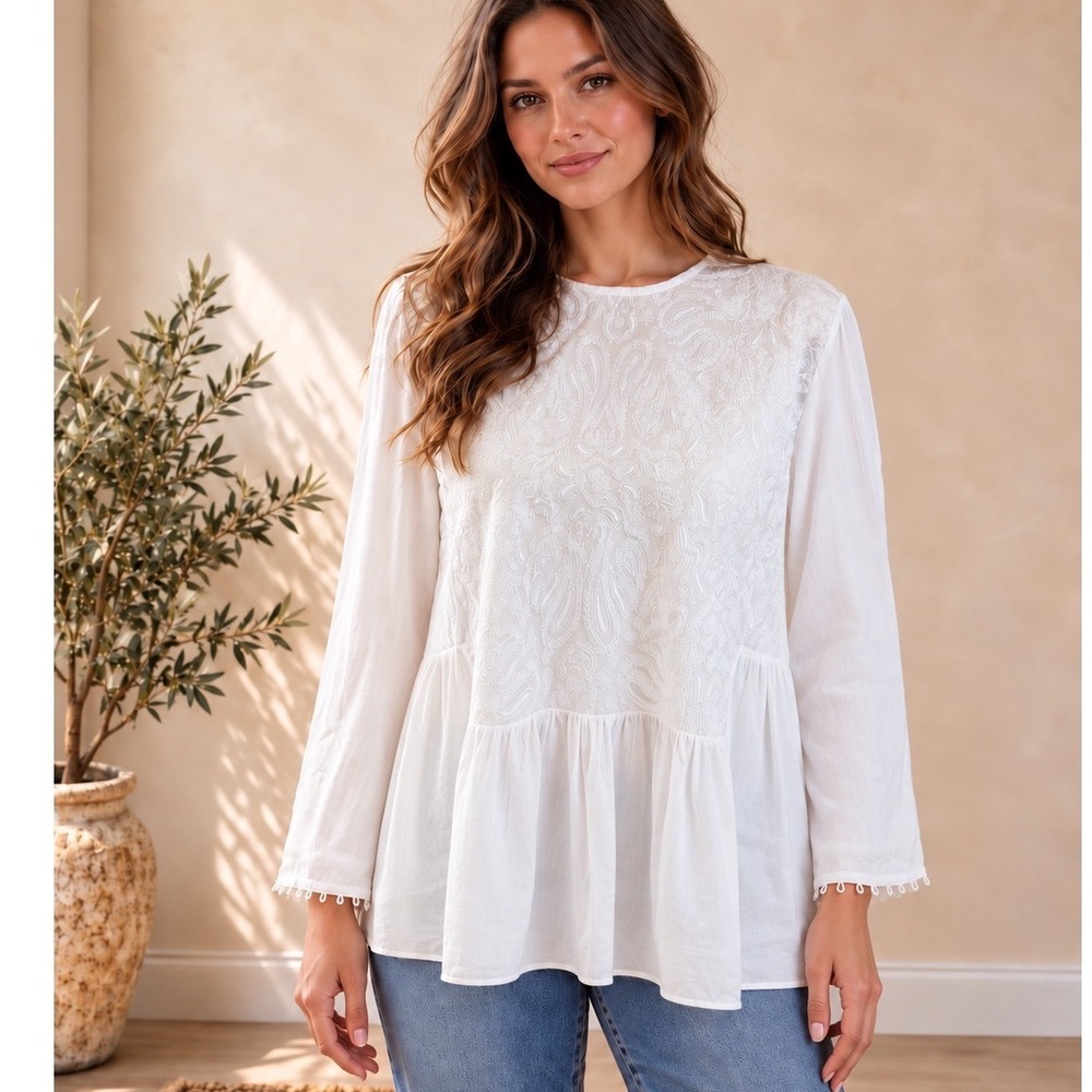 Endless Rose White Paisley Embroidered Peplum Blouse Pom Pom Trim Medium NEW